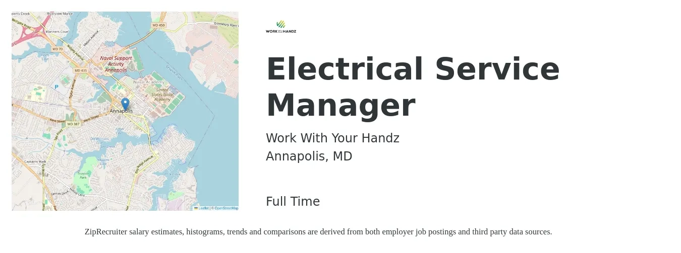 Work With Your Handz job posting for a Electrical Service Manager in Annapolis, MD with a salary of $80,000 to $120,000 Yearly with a map of Annapolis location.