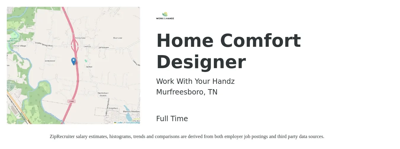 Work With Your Handz job posting for a Home Comfort Designer in Murfreesboro, TN with a salary of $170,000 Yearly with a map of Murfreesboro location.