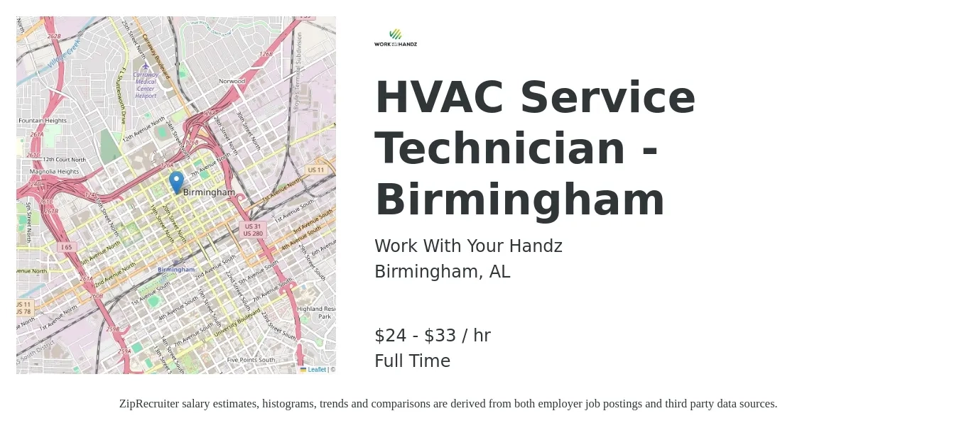 Work With Your Handz job posting for a HVAC Service Technician - Birmingham in Birmingham, AL with a salary of $25 to $35 Hourly with a map of Birmingham location.