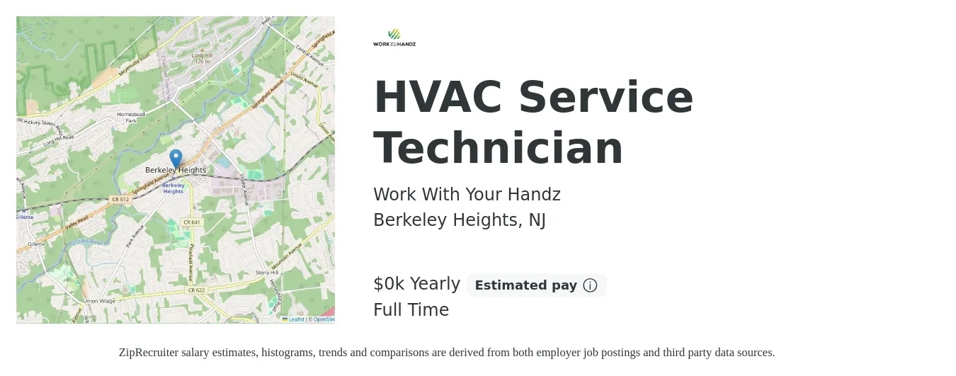 Work With Your Handz job posting for a HVAC Service Technician in Berkeley Heights, NJ with a salary of $70 to $120 Yearly with a map of Berkeley Heights location.