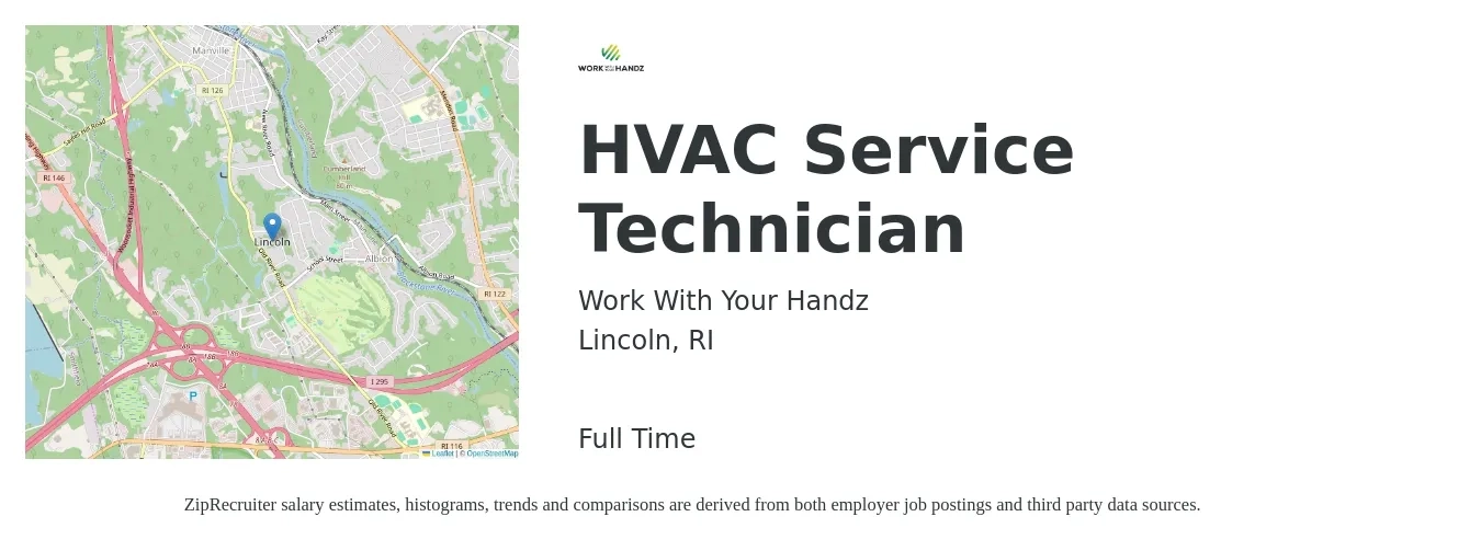 Work With Your Handz job posting for a HVAC Service Technician in Lincoln, RI with a salary of $20 to $40 Hourly with a map of Lincoln location.