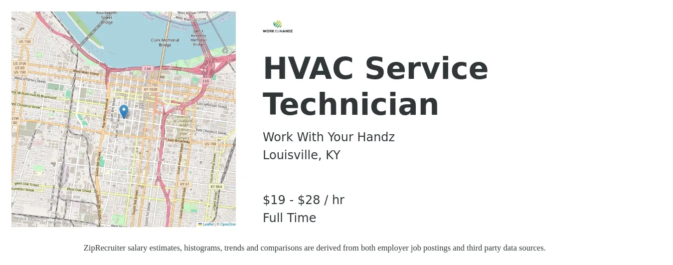 Work With Your Handz job posting for a HVAC Service Technician in Louisville, KY with a salary of $20 to $30 Hourly with a map of Louisville location.