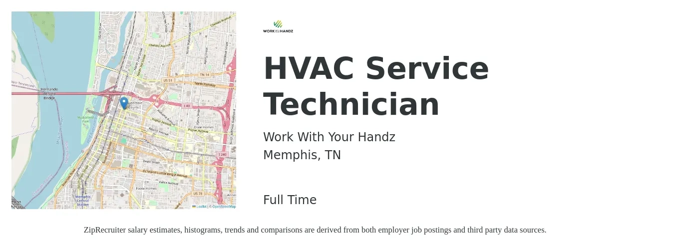 Work With Your Handz job posting for a HVAC Service Technician in Memphis, TN with a salary of $20 to $30 Hourly with a map of Memphis location.