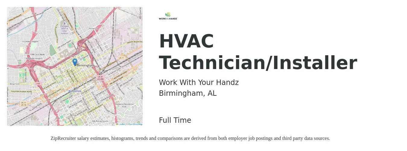 Work With Your Handz job posting for a HVAC Technician/Installer in Birmingham, AL with a salary of $20 to $30 Hourly with a map of Birmingham location.