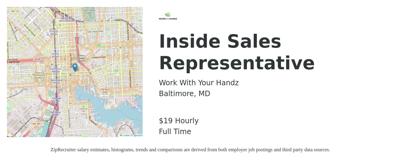 Work With Your Handz job posting for a Inside Sales Representative in Baltimore, MD with a salary of $20 Hourly with a map of Baltimore location.