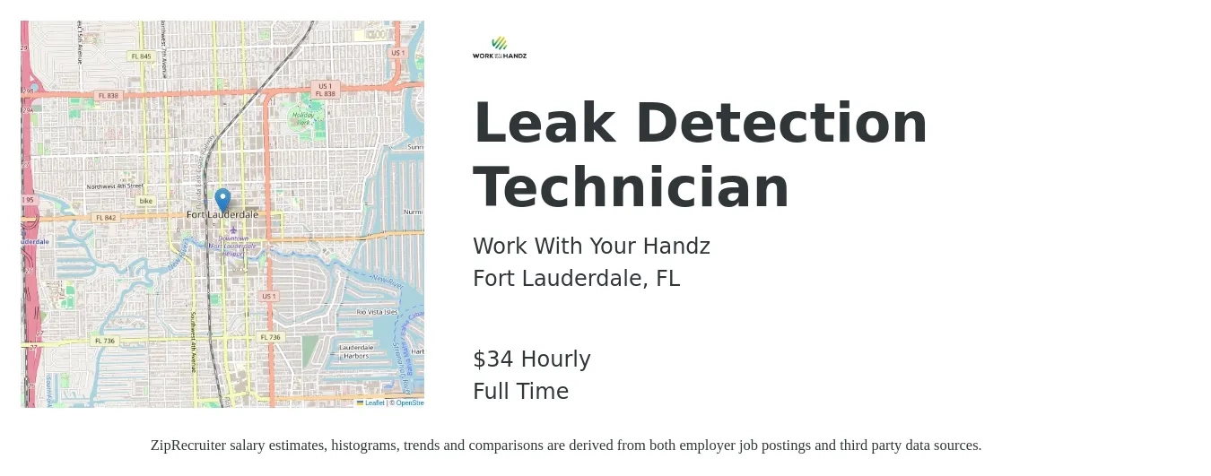 Work With Your Handz job posting for a Leak Detection Technician in Fort Lauderdale, FL with a salary of $36 Hourly with a map of Fort Lauderdale location.
