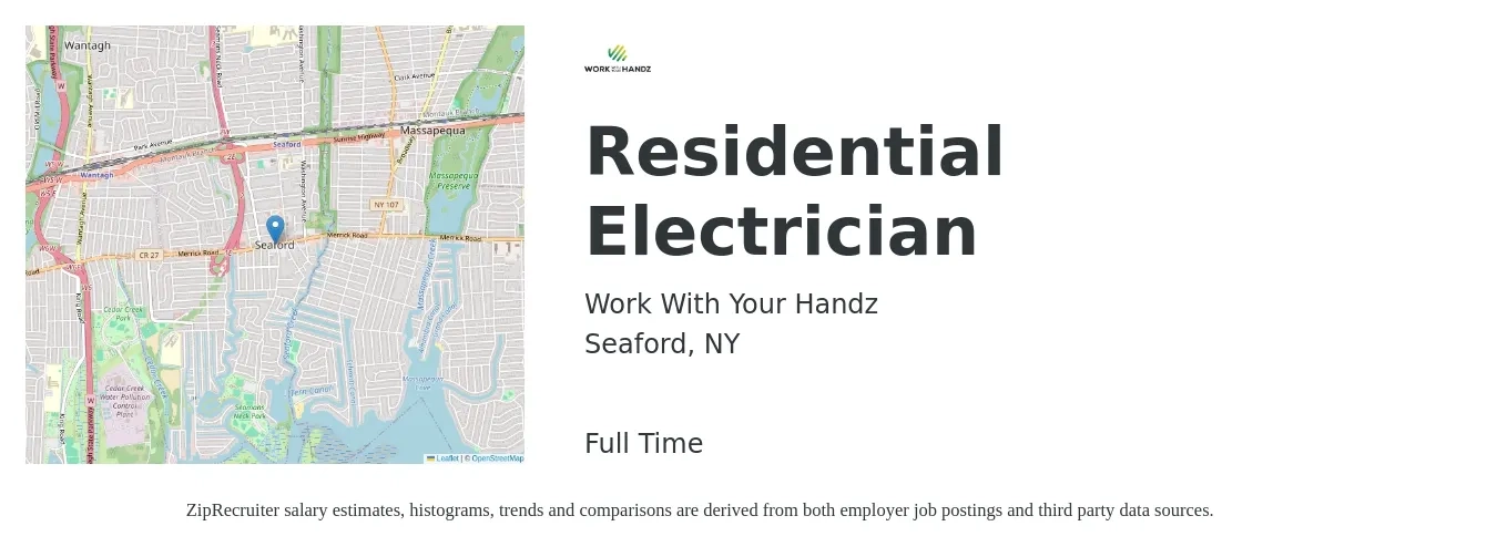 Work With Your Handz job posting for a Residential Electrician in Seaford, NY with a salary of $70,000 to $115,000 Yearly with a map of Seaford location.