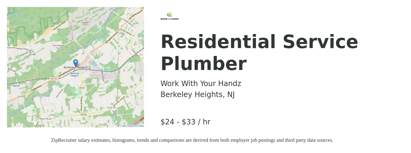 Work With Your Handz job posting for a Residential Service Plumber in Berkeley Heights, NJ with a salary of $70,000 to $120,000 Yearly with a map of Berkeley Heights location.