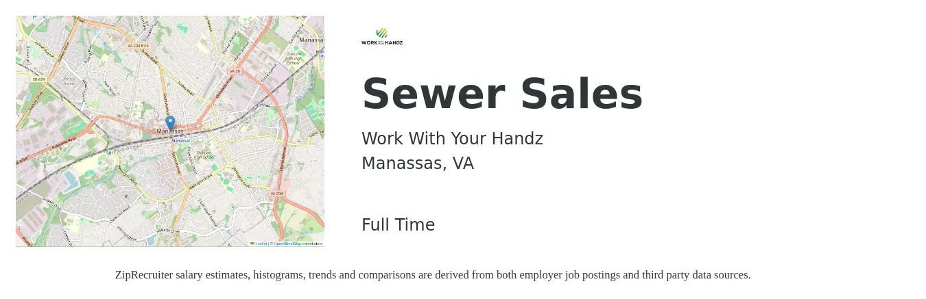 Work With Your Handz job posting for a Sewer Sales in Manassas, VA with a salary of $35,000 to $65,000 Yearly with a map of Manassas location.