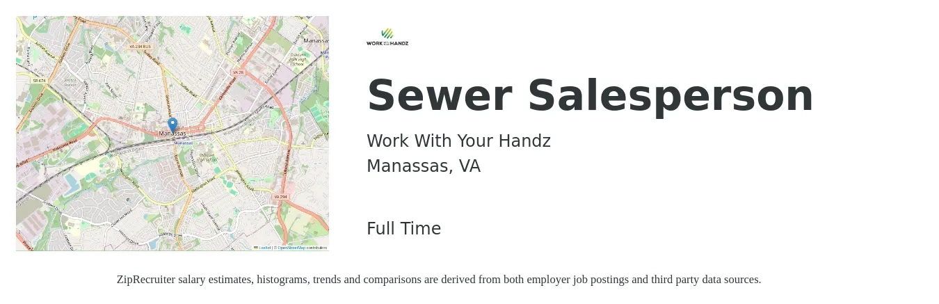 Work With Your Handz job posting for a Sewer Salesperson in Manassas, VA with a salary of $35,000 to $65,000 Yearly with a map of Manassas location.