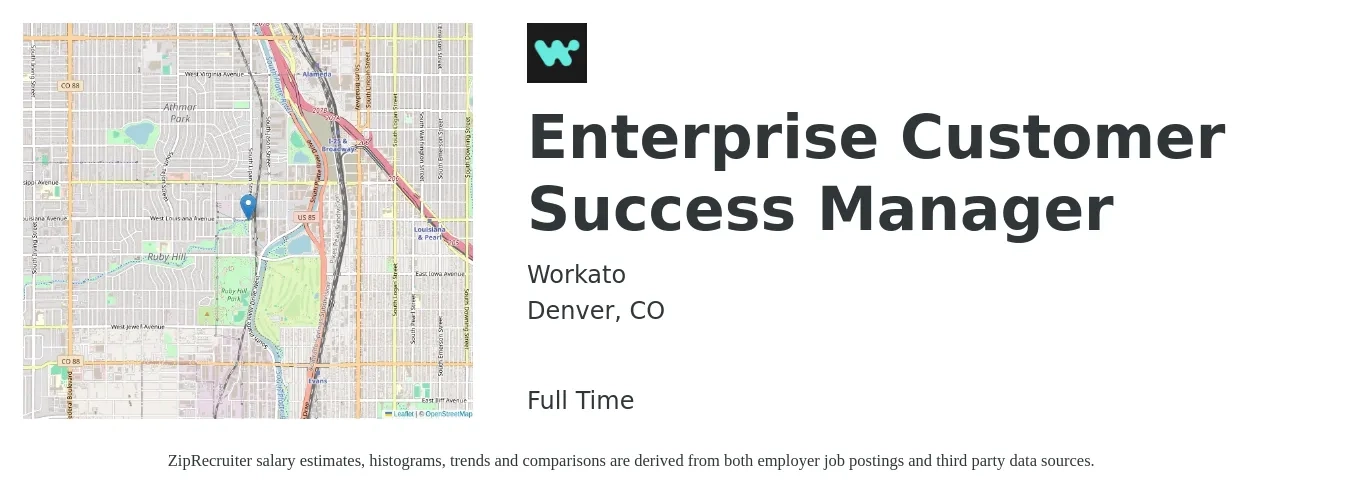 Workato job posting for a Enterprise Customer Success Manager in Denver, CO with a salary of $61,200 to $101,900 Yearly with a map of Denver location.