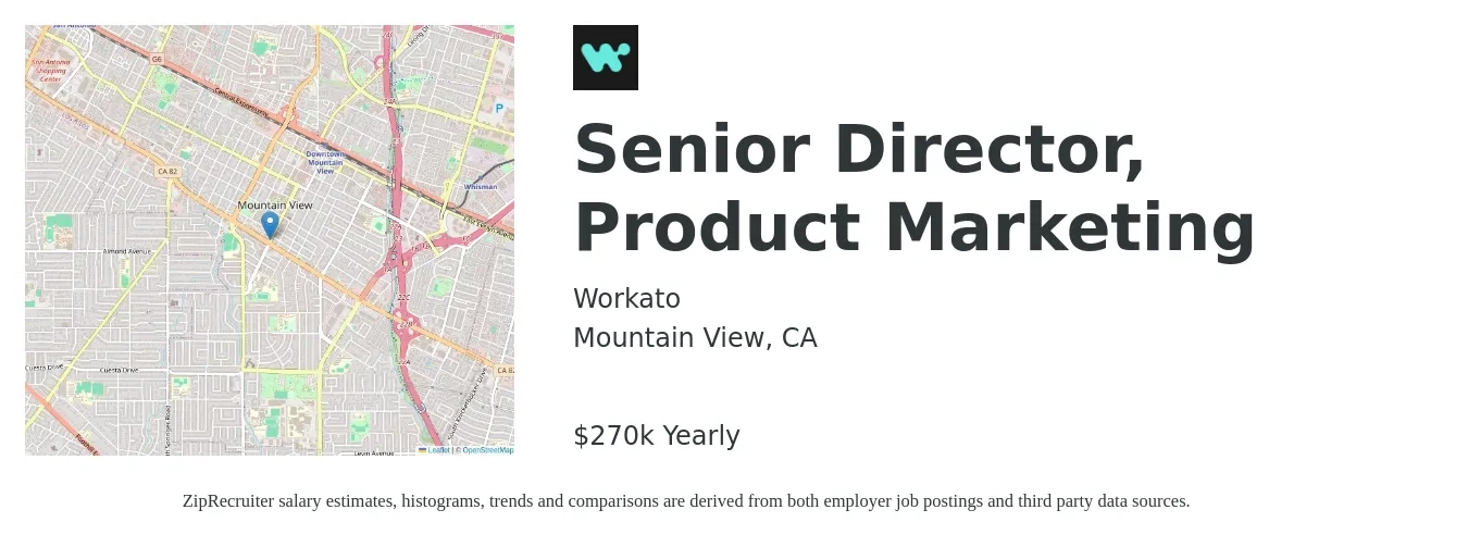 Workato job posting for a Senior Director, Product Marketing in Mountain View, CA with a salary of $270,000 Yearly with a map of Mountain View location.