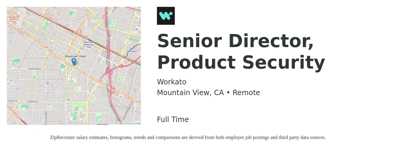 Workato job posting for a Senior Director, Product Security in Mountain View, CA with a salary of $100,300 to $138,600 Yearly with a map of Mountain View location.