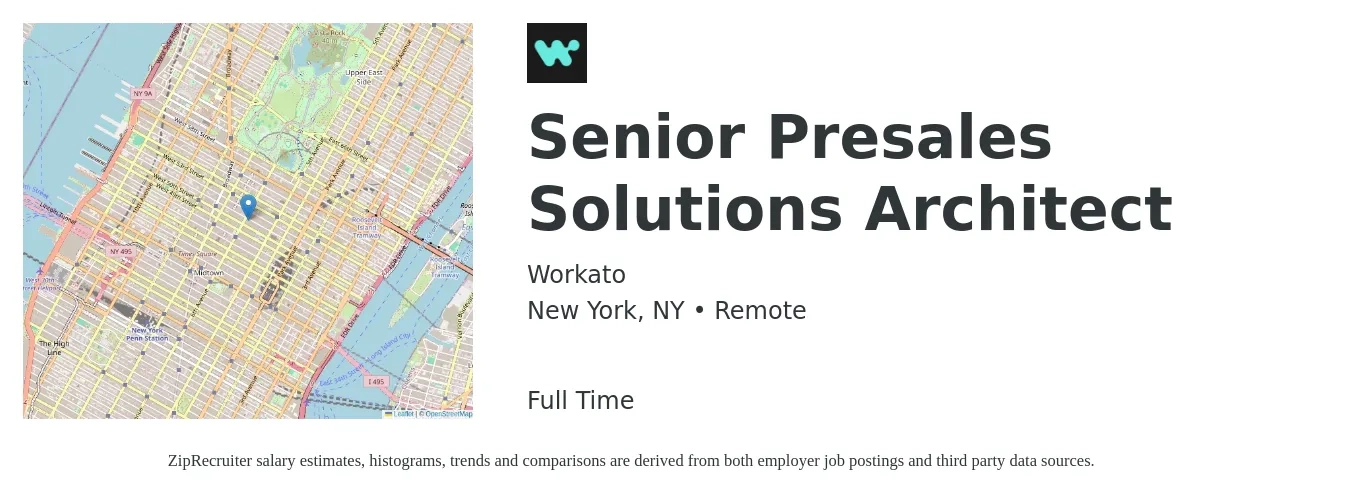 Workato job posting for a Senior Presales Solutions Architect in New York, NY with a salary of $137,300 to $193,100 Yearly with a map of New York location.