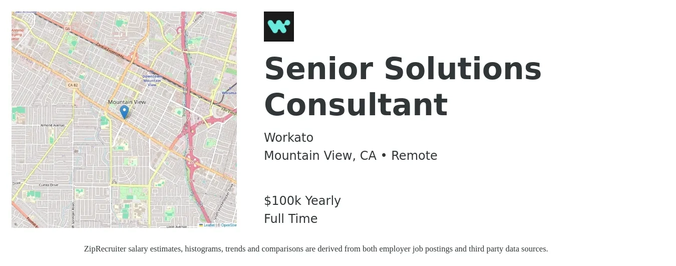 Workato job posting for a Senior Solutions Consultant in Mountain View, CA with a salary of $100,000 Yearly with a map of Mountain View location.