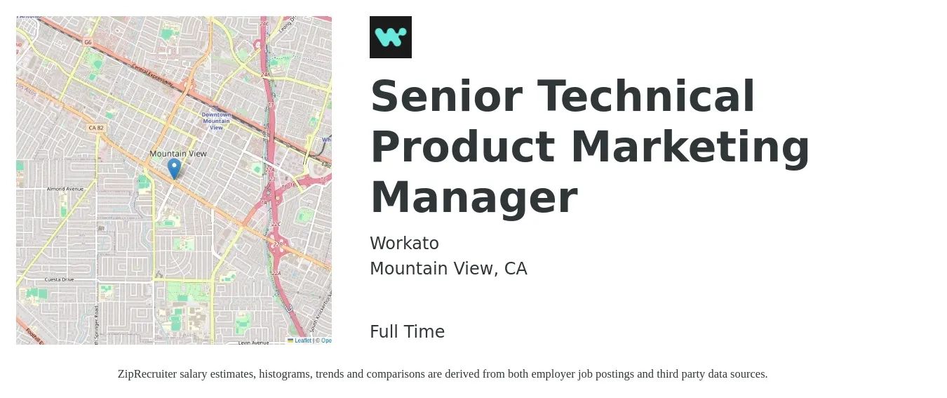 Workato job posting for a Senior Technical Product Marketing Manager in Mountain View, CA with a salary of $149,200 to $197,000 Yearly with a map of Mountain View location.