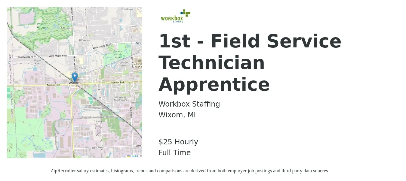 Workbox Staffing job posting for a 1st - Field Service Technician Apprentice in Wixom, MI with a salary of $45 Hourly with a map of Wixom location.