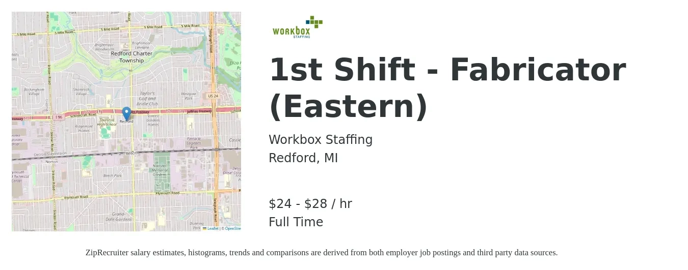 Workbox Staffing job posting for a 1st Shift - Fabricator (Eastern) in Redford, MI with a salary of $25 to $30 Hourly with a map of Redford location.