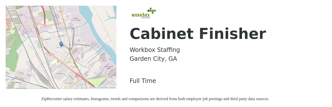 Workbox Staffing job posting for a Cabinet Finisher in Garden City, GA with a salary of $18 to $25 Hourly with a map of Garden City location.