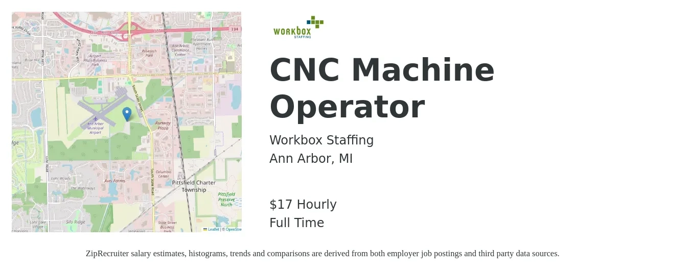 Workbox Staffing job posting for a CNC Machine Operator in Ann Arbor, MI with a salary of $18 Hourly with a map of Ann Arbor location.