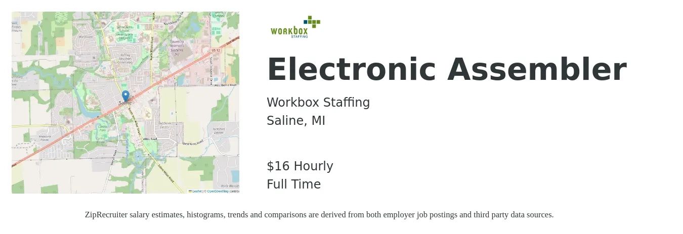 Workbox Staffing job posting for a Electronic Assembler in Saline, MI with a salary of $17 Hourly with a map of Saline location.