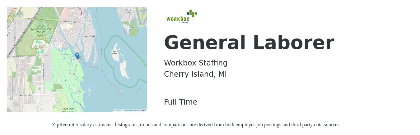 Workbox Staffing job posting for a General Laborer in Cherry Island, MI with a salary of $14 to $18 Hourly with a map of Cherry Island location.