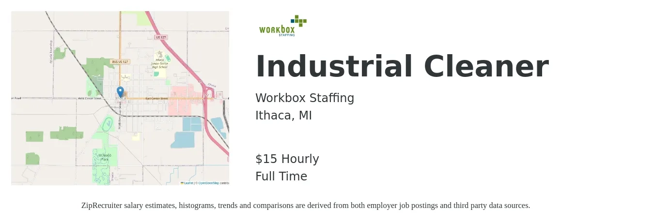 Workbox Staffing job posting for a Industrial Cleaner in Ithaca, MI with a salary of $16 Hourly with a map of Ithaca location.