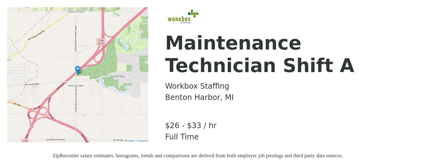 Workbox Staffing job posting for a Maintenance Technician Shift A in Benton Harbor, MI with a salary of $28 to $35 Hourly with a map of Benton Harbor location.