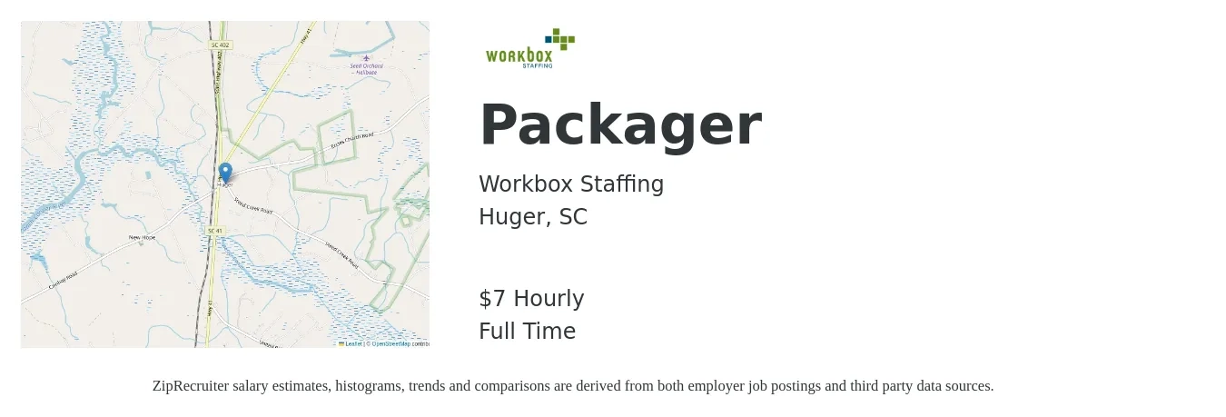 Workbox Staffing job posting for a Packager in Huger, SC with a salary of $8 Hourly with a map of Huger location.