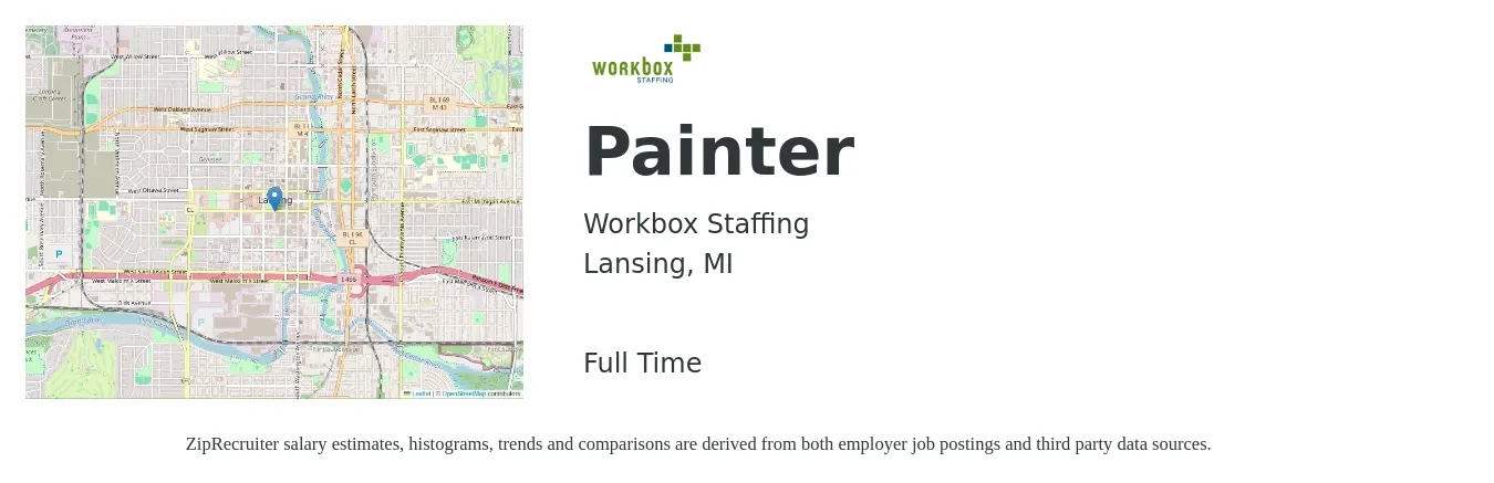 Workbox Staffing job posting for a Painter in Lansing, MI with a salary of $18 to $25 Hourly with a map of Lansing location.
