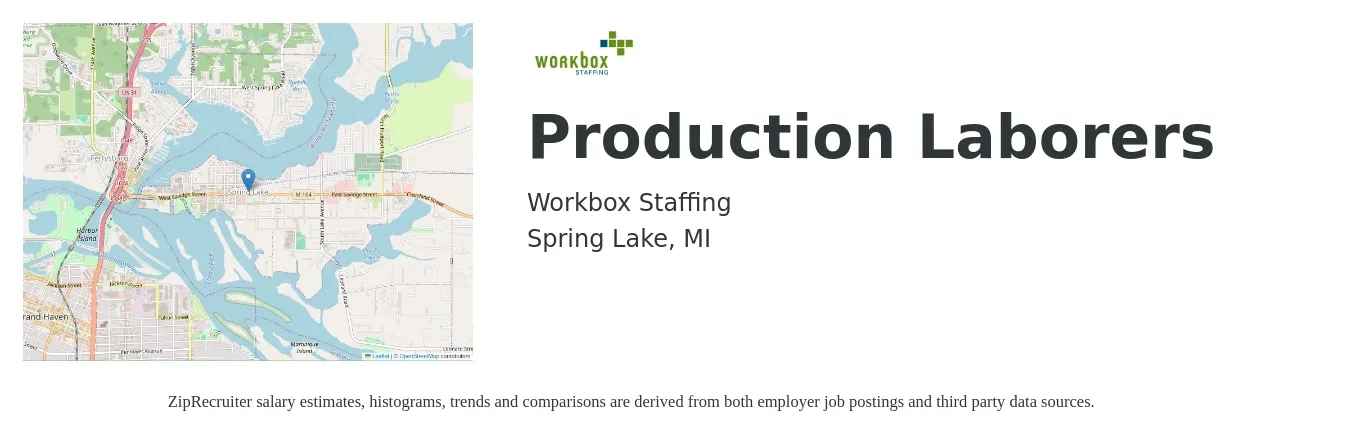 Workbox Staffing job posting for a Production Laborers in Spring Lake, MI with a salary of $15 to $18 Hourly with a map of Spring Lake location.