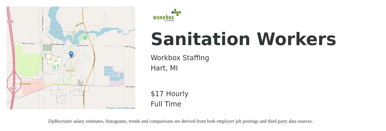 Workbox Staffing job posting for a Sanitation Workers in Hart, MI with a salary of $19 Hourly with a map of Hart location.