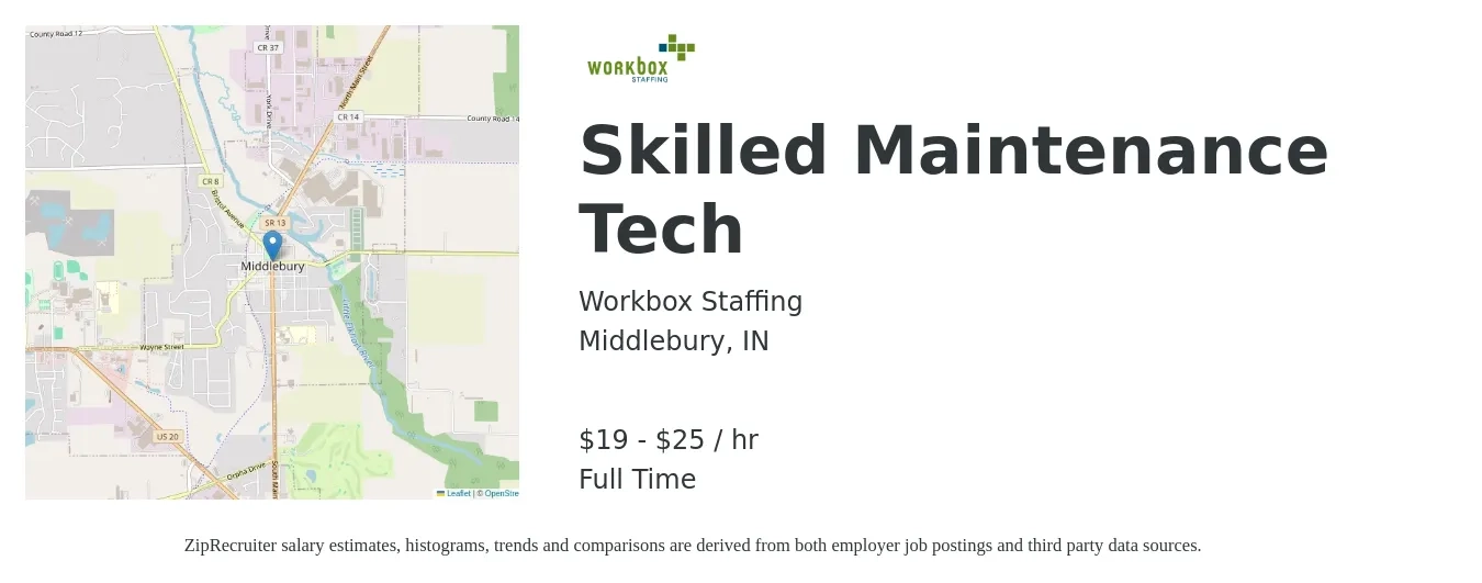 Workbox Staffing job posting for a Skilled Maintenance Tech in Middlebury, IN with a salary of $20 to $27 Hourly with a map of Middlebury location.