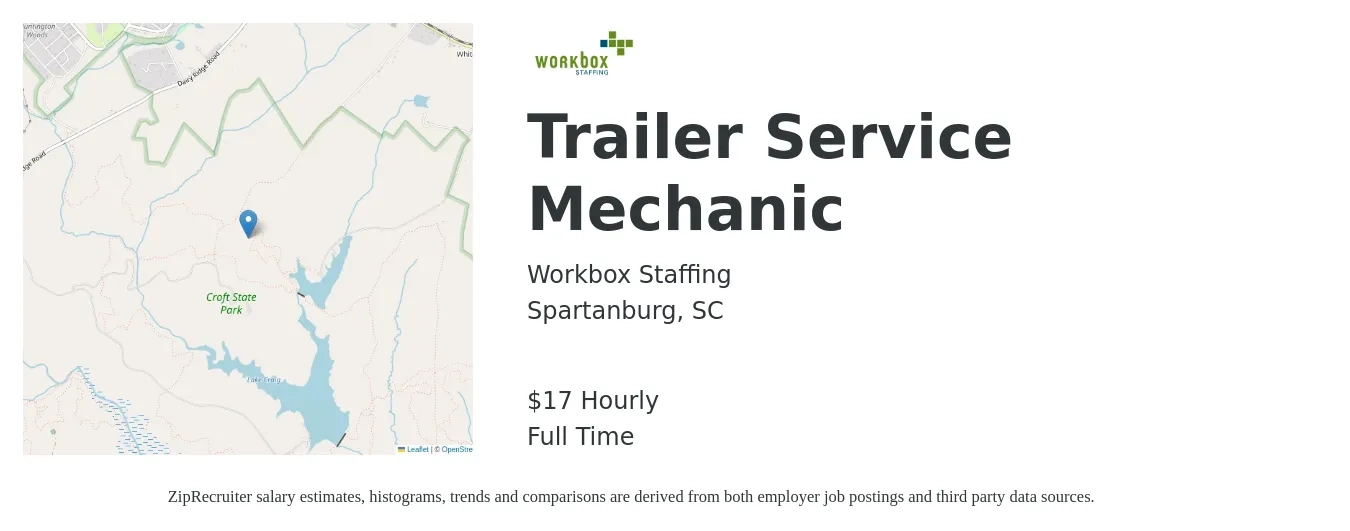 Workbox Staffing job posting for a Trailer Service Mechanic in Spartanburg, SC with a salary of $18 to $21 Hourly with a map of Spartanburg location.