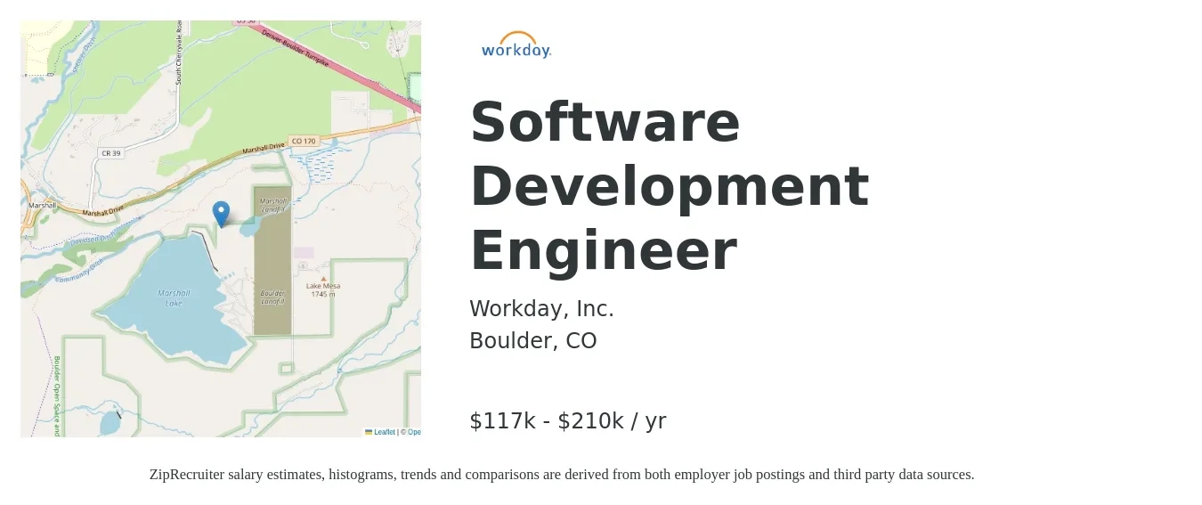 Workday, Inc. job posting for a Software Development Engineer in Boulder, CO with a salary of $117,800 to $210,000 Yearly with a map of Boulder location.