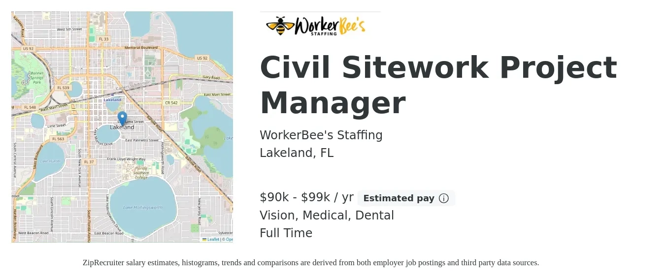 WorkerBee's Staffing job posting for a Civil Sitework Project Manager in Lakeland, FL with a salary of $90,000 to $99,000 Yearly and benefits including retirement, vision, dental, life_insurance, and medical with a map of Lakeland location.