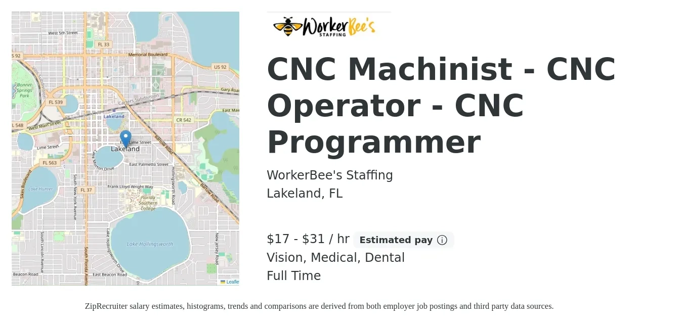 WorkerBee's Staffing job posting for a CNC Machinist - CNC Operator - CNC Programmer in Lakeland, FL with a salary of $18 to $33 Hourly and benefits including retirement, vision, dental, life_insurance, medical, and pto with a map of Lakeland location.