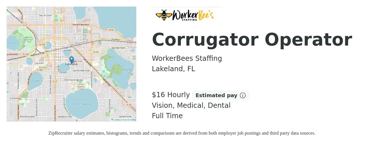 WorkerBee's Staffing job posting for a Corrugator Operator in Lakeland, FL with a salary of $17 to $18 Hourly and benefits including retirement, vision, dental, life_insurance, and medical with a map of Lakeland location.