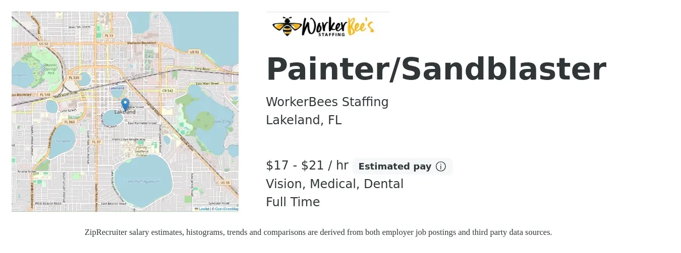 WorkerBee's Staffing job posting for a Painter/Sandblaster in Lakeland, FL with a salary of $18 to $22 Hourly and benefits including life_insurance, medical, retirement, vision, and dental with a map of Lakeland location.