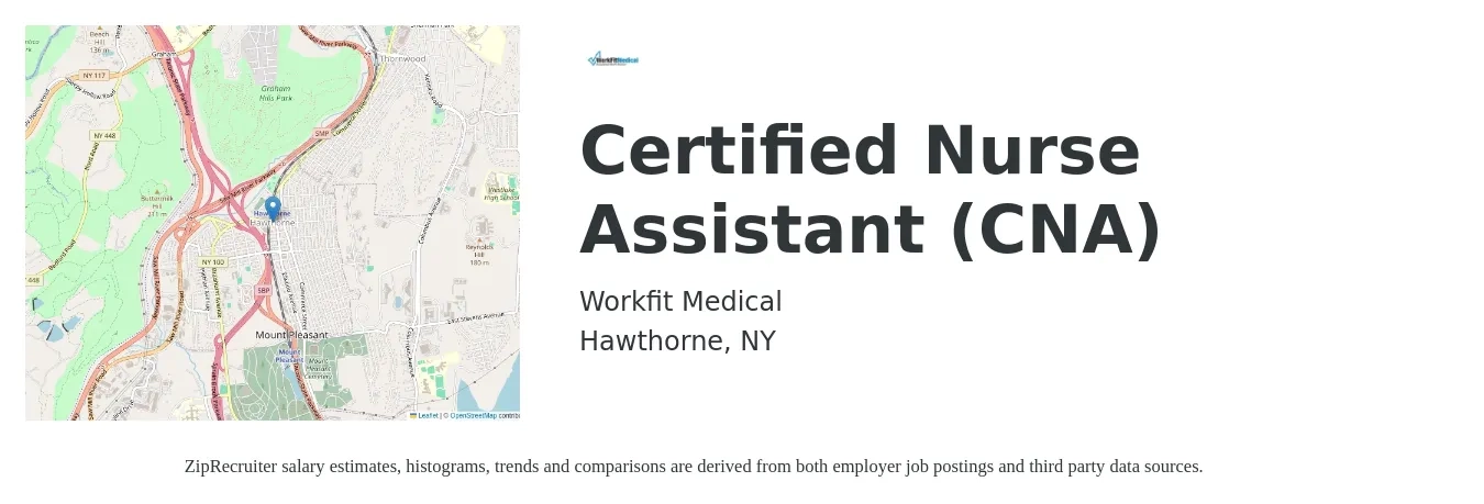 Workfit Medical job posting for a Certified Nurse Assistant (CNA) in Hawthorne, NY with a salary of $24 to $26 Hourly with a map of Hawthorne location.