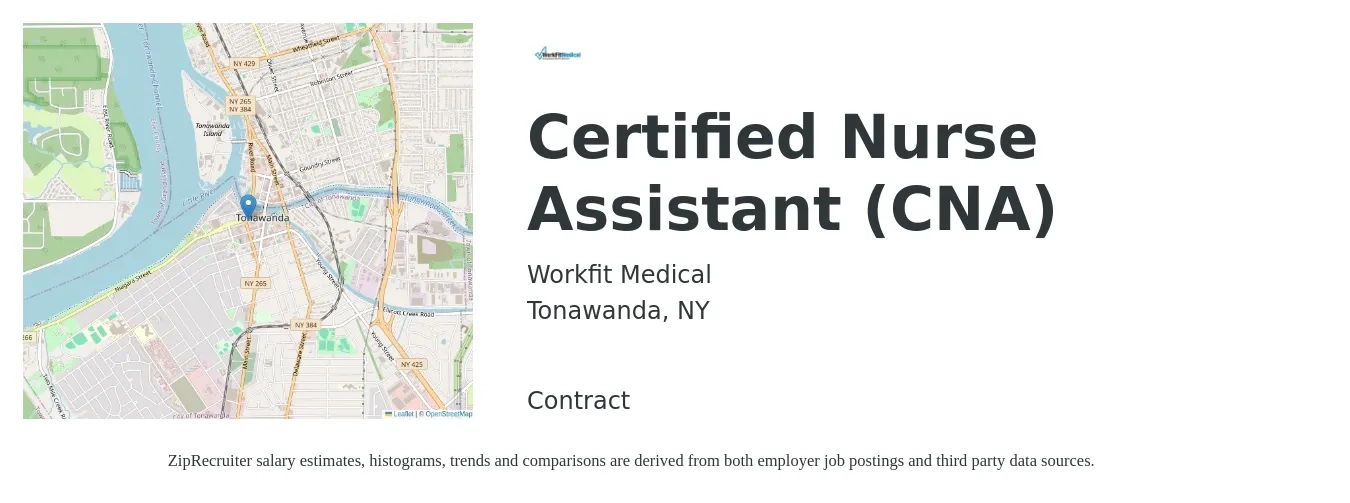 Workfit Medical job posting for a Certified Nurse Assistant (CNA) in Tonawanda, NY with a salary of $20 Hourly with a map of Tonawanda location.