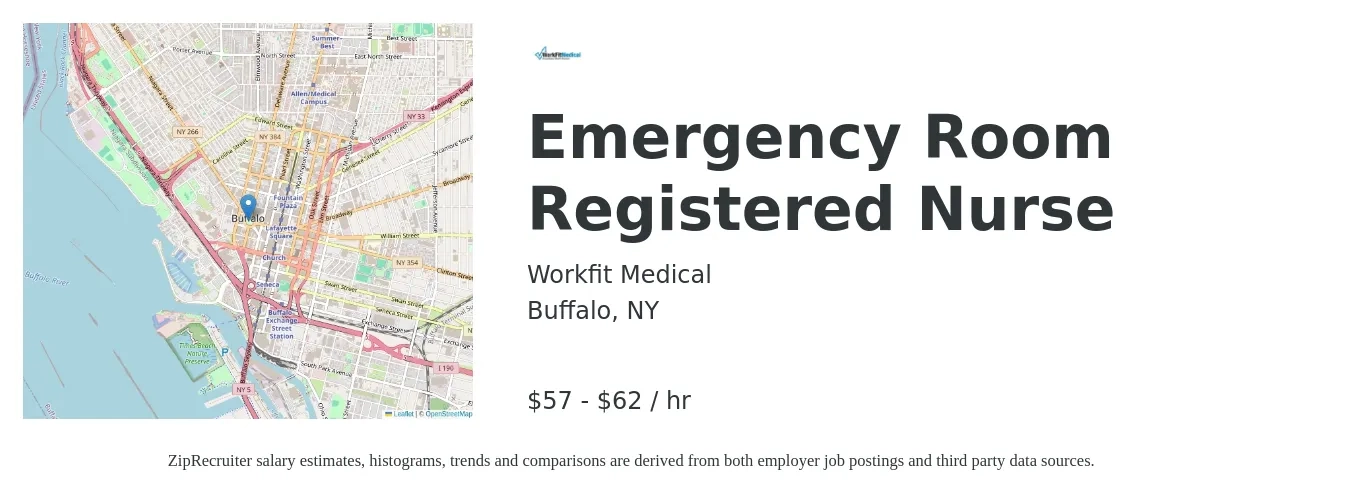 WorkFit Medical job posting for a Emergency Room Registered Nurse in Buffalo, NY with a salary of $60 to $65 Hourly with a map of Buffalo location.