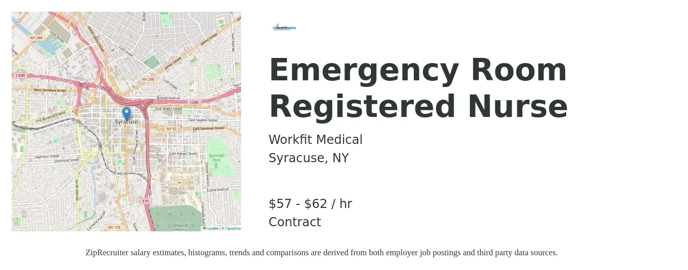Workfit Medical job posting for a Emergency Room Registered Nurse in Syracuse, NY with a salary of $60 to $65 Hourly with a map of Syracuse location.