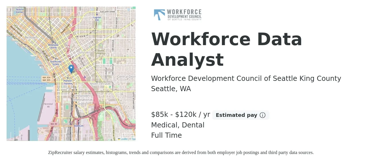 Workforce Development Council of Seattle King County job posting for a Workforce Data Analyst in Seattle, WA with a salary of $85,536 to $120,360 Yearly and benefits including medical, pto, retirement, dental, and life_insurance with a map of Seattle location.