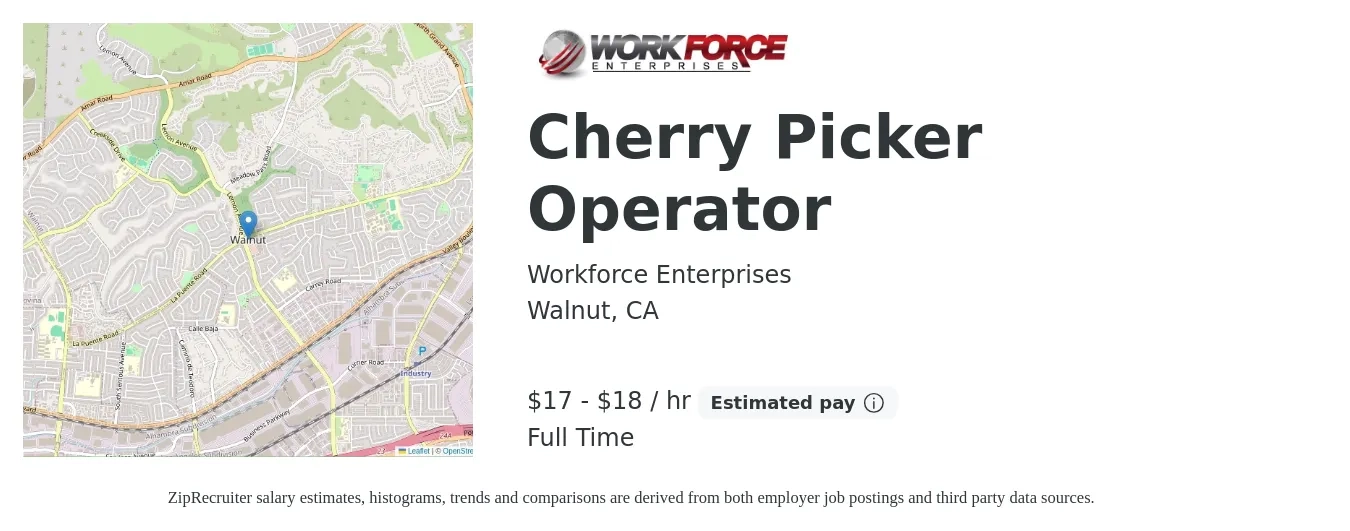 Workforce Enterprises job posting for a Cherry Picker Operator in Walnut, CA with a salary of $18 to $19 Hourly and benefits including pto with a map of Walnut location.