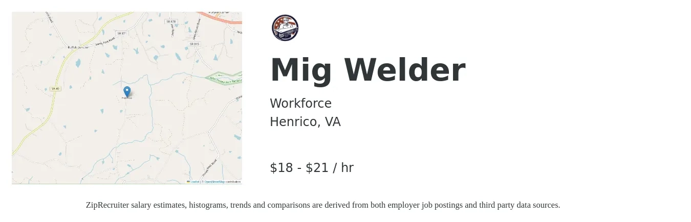 Workforce job posting for a Mig Welder in Henrico, VA with a salary of $19 to $22 Hourly with a map of Henrico location.