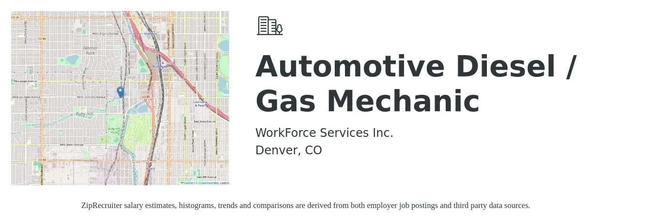 WorkForce Services Inc. job posting for a Automotive Diesel / Gas Mechanic in Denver, CO with a salary of $32 Hourly with a map of Denver location.