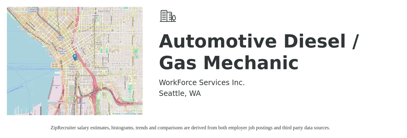 WorkForce Services Inc. job posting for a Automotive Diesel / Gas Mechanic in Seattle, WA with a salary of $42 Hourly with a map of Seattle location.
