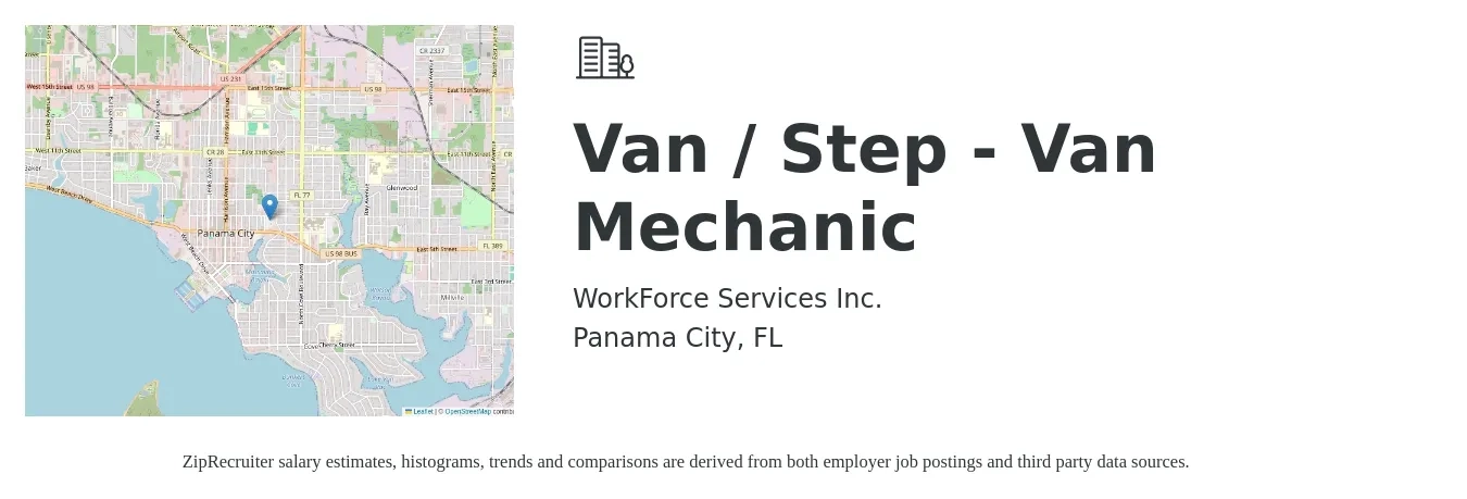 WorkForce Services Inc. job posting for a Van / Step - Van Mechanic in Panama City, FL with a salary of $30 Hourly with a map of Panama City location.