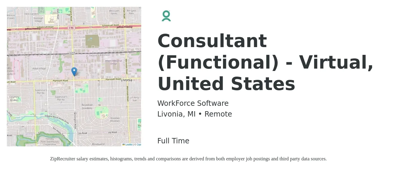 WorkForce Software job posting for a Consultant (Functional) - Virtual, United States in Livonia, MI with a salary of $125,000 Yearly with a map of Livonia location.